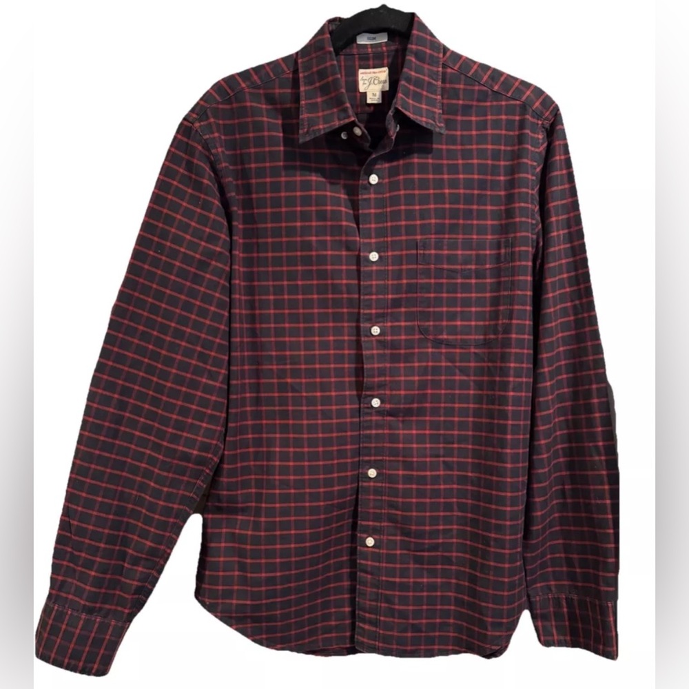J Crew Pima Cotton Red & Navy Plaid Classic L/S Button Down Size Med Slim